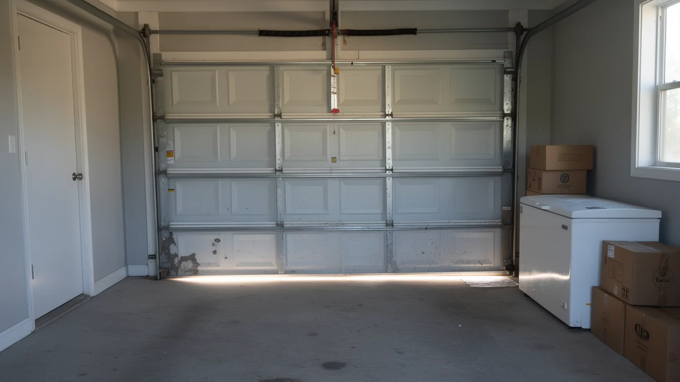 The white garage door is closed, with a torsion spring above it.