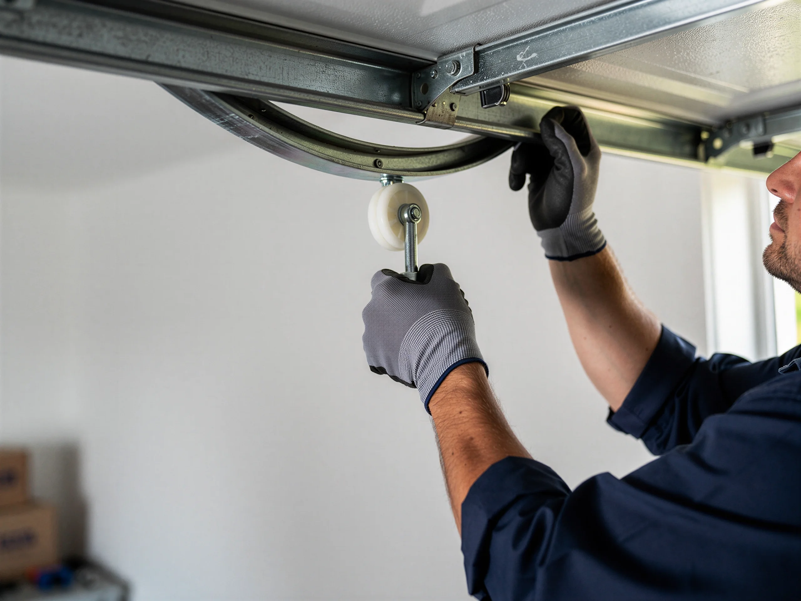 A technician in gloves adjusts a garage door roller and track.