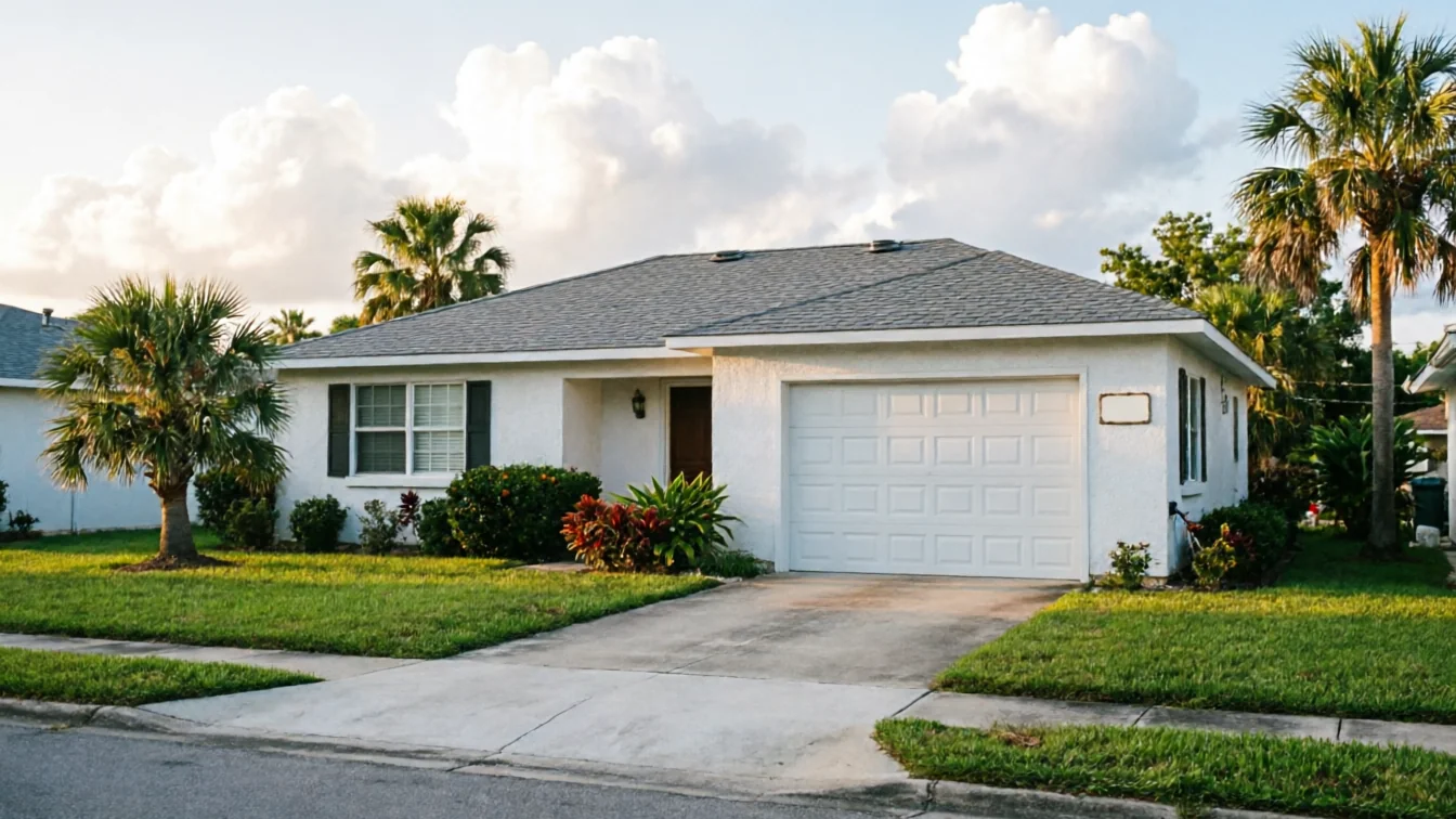 The house has a white garage door, a brown front door, and green landscaping.